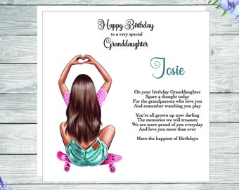 Personalised girls skateboarding birthday card, special card for a granddaughter who loves her skateboard, lovely verse for a granddaughter