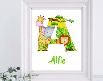 Personalised nursery prints, Safari animal alphabet, personalised to suit, 6x4 or A4 prints, wall decor