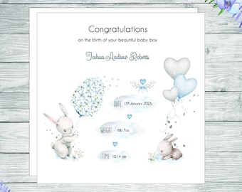 Personalized New Baby Boy Card: Bunny Floral Keepsake