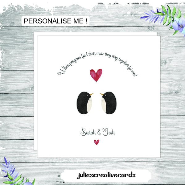 Cute personalised penguin love card, printed pebble penguins, card for the one you love, make it personal, finding a perfect match