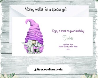 Personalized Birthday Money Wallet Card: Pink Gnome with Bubbly