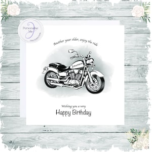 Personalisierte Motorrad Geburtstagskarte, Karte für ein weiteres Jahr älter mit Schriftzug Genieße die Fahrt, Name und / oder Alter können hinzugefügt werden