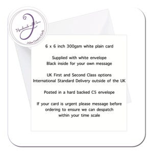 May include: A white 6 x 6 inch plain card with a white envelope. The card has a black interior for a custom message. The card is from Julies Creative Cards.