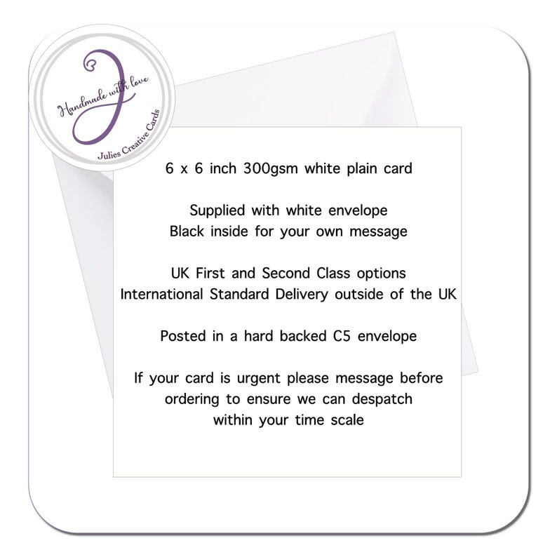 May include: A white 6 x 6 inch plain card with a white envelope. The card has a black interior for a custom message. The card is from Julies Creative Cards.