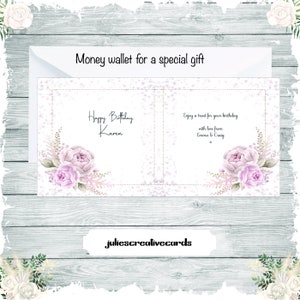 Personalisierte Geschenkkarte und Umschlag, Geld Portemonnaie, hübsche pastell rosa Blumen Geschenkbrieftasche, Karte für Geldgeschenk, Ticket, Gutschein