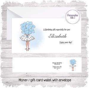 Personalisierte Geldbrieftasche Mädchen mit Luftballons Bild, Geschenkkartenhalter und Umschlag, Geldbrieftasche für Geburtstagsgeschenk, Geburtstagsgeschenk für sie