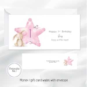 Geldbeutel zum ersten Geburtstag, Geldbeutel für kleine Mädchen, Geschenk zum ersten Geburtstag, rosa Hase mit Alter in einem Sterngeschenkbeutel, Geschenkkartenhalter