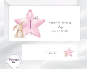 Personalized First Birthday Money Wallet, Pink Bunny Card