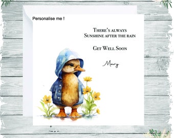 Personalised get well soon card, cute duck with his hoodie amongst the flowers, speedy recovery card, sunshine after the rain wording