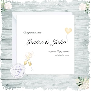 Personalised Engagement card, celebration champagne glasses, personalised names, date and heart balloon, all wording can be amended to suit