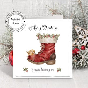 Carte de Noël bottine du père Noël, de notre maison à la vôtre, rouge-gorge de Noël sur la carte de voeux de Noël bottine du père Noël, de notre maison à la vôtre
