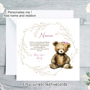 Geburtstagskarte für eine besondere Nana, süßer Teddybär personalisiert mit Beziehung, schöner Vers für Nana, Großmutter, Patentante usw.