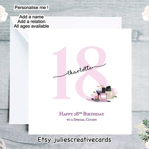 Personalisierte Karte für Teenager, Karte für 18-jährige, Schürhakenzahlen, Bilder von Parfüm, Nagellack, personalisieren Name Alter und Beziehung