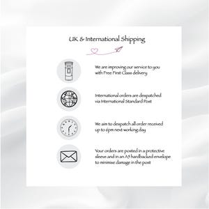 May include: An informational graphic titled UK & International Shipping with a heart and paper airplane icon. It features four circular icons: a mailbox, a globe, a clock, and an envelope, accompanied by text detailing delivery and packaging.
