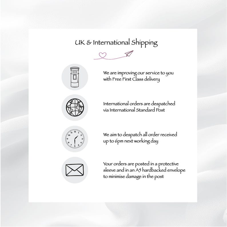 May include: An informational graphic titled UK & International Shipping with a heart and paper airplane icon. It features four circular icons: a mailbox, a globe, a clock, and an envelope, accompanied by text detailing delivery and packaging.