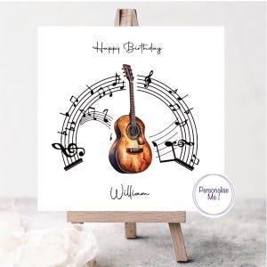 Gitarre und Musiknoten personalisierte Geburtstagskarte für Musikliebhaber, Geburtstagskarte Gitarre für Musiker, Name Personalisierung, passende Beschriftung