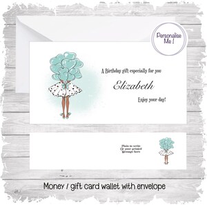 Geschenkkartenhalter für Sie, Mädchen mit Luftballons Bild, Geschenkkartenhalter und Umschlag, Geldtasche für Geburtstagsgeschenk, personalisiertes Geburtstagsgeschenk
