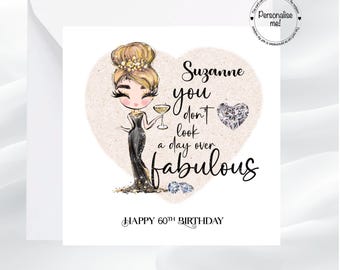 Personalised birthday card for a glamour lady, queen, can be personalised for all ages including 18, 21, 30, 40, 50, 60, 70, 80, 90 etc