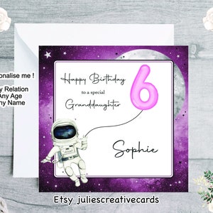 Personalised space birthday card with age balloon, borderless card for Daughter, Niece, Granddaughter, Goddaughter, girl