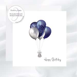 4er-Pack Geburtstagskarten, blaue Ballon-Blumenstraußkarte für ihn, alles Gute zum Geburtstag-Ballonkarte, blaue und silberne Ballons-Geburtstagskarte