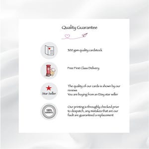 May include: A white informational graphic titled Quality Guarantee with a heart and paper airplane icon. It lists features including 300 gsm quality cardstock, delivery information, Etsy star seller status, and a 100% guarantee on printing quality.