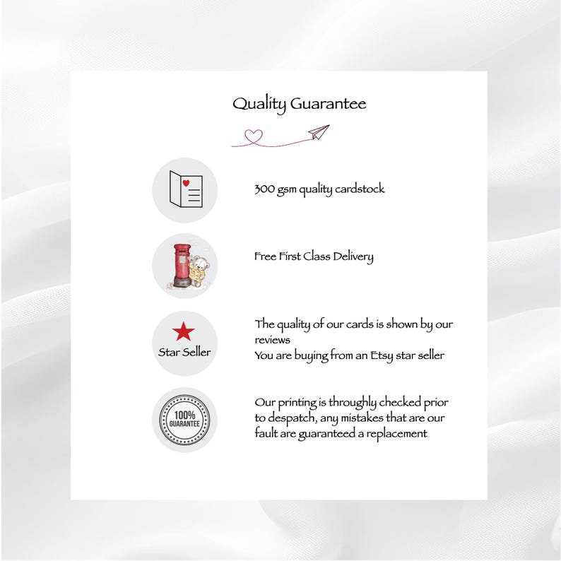 May include: A white informational graphic titled Quality Guarantee with a heart and paper airplane icon. It lists features including 300 gsm quality cardstock, delivery information, Etsy star seller status, and a 100% guarantee on printing quality.