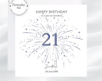 Personalized 21st Birthday Card for Grandson, printed sparkle effect with age 21 in the centre