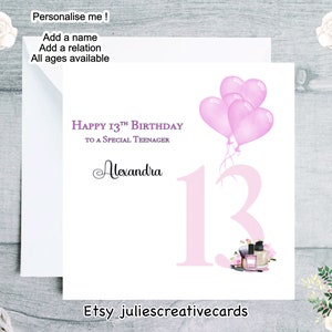 Carte personnalisée pour adolescent, carte pour enfant de 13 ans, numéros de poker, images de parfum, vernis à ongles, personnalisation du prénom, de l'âge et du lien de parenté