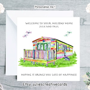 Personalisierte neue Feiertags-Zuhause-Karte für ein Wohnwagenhaus in schönem Regenbogen-Effekt, digitale Version eines exklusiven handgemalten Bildes, Caravaning