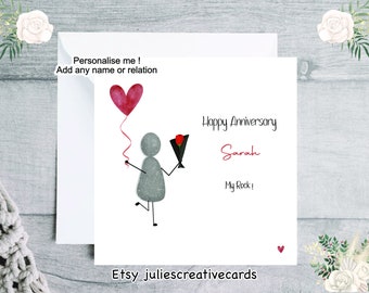 Personalized Anniversary Card: Pebble People, Heart Balloon