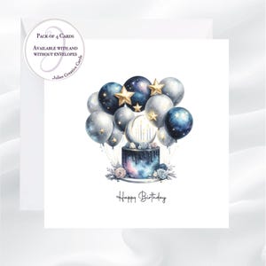 4er-Pack Geburtstagskarten, blaue Ballonblumenstraußkarte für ihn, alles Gute zum Geburtstagballonkarte, blaue und silberne Ballons gedruckte Karte zum Geburtstag