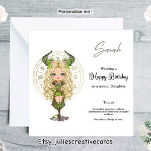 Personalised Taurus birthday card for a special daughter zodiac card for a Taurus, hair eye and skin colour can all be personalised to suit