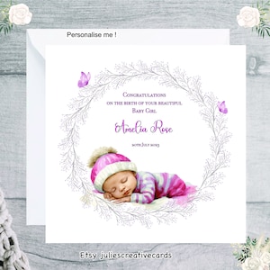 Atemberaubende neue Baby-Mädchen personalisierte Karte, Benennung neue Baby, Enkelin, Tochter, Urenkelin Karte, hübsche Pastelle zu passen