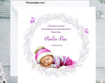 Stunning new baby girl personalised card, wording to suit new baby, granddaughter, daughter, great granddaughter card, pretty pastels