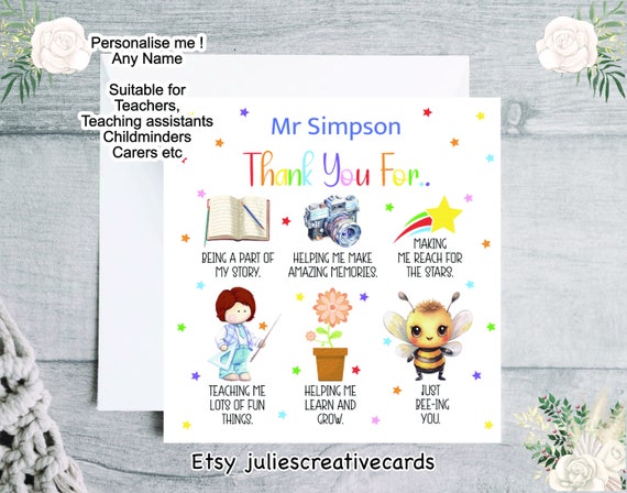 Personalised thank you card, appreciation card for a teacher childminder teaching assistant carer, cute image wording can be amended.
