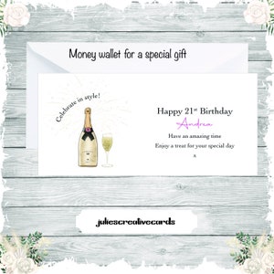 Personalisierte Geschenkkarte und Umschlag, Geldbrieftasche, stilvoll feiern mit Sekt und Glas, Karte für Geldgeschenk, Fahrkarte, Gutschein