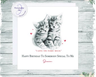 Personalized Kittens Birthday Card: Sketchy Snuggling Design