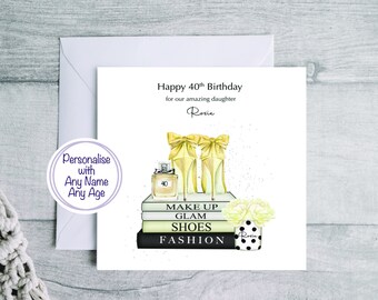 40th Birthday glamour card, personalised card book lover, 50th card for daughter, glam card for fashion icon, 60th card with shoes
