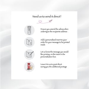 May include: An informational graphic titled Need us to send it direct? featuring four circular icons. The icons depict a mailbox, a greeting card, a card with a pen, and a red post box with a bear. Text instructions guide the customer on direct shipping.