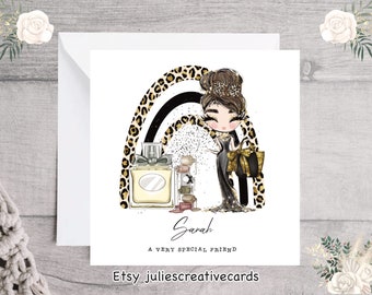 Personalised birthday card for a special friend, glamorous lady, glamour queen, bestie, drinking buddy, animal print card for friend