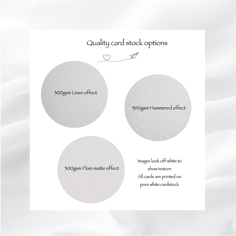 May include: A graphic display titled Quality card stock options featuring three white circles showing 300gsm Linen effect, 300gsm Hammered effect, and 300gsm Plain matte effect. Text notes that images look off white to show texture on pure white cardstock.