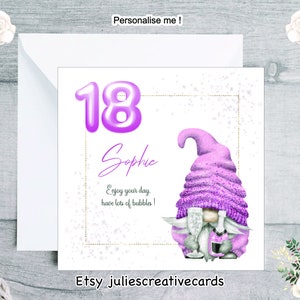 Personalisierte Gnom-Geburtstagskarte für ihren besonderen Geburtstag mit niedlichem rosa Gnom und Altersluftballons, Gnomkarte für jeden Altersgeburtstag