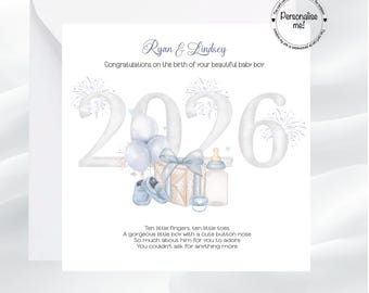 May include: A square greeting card featuring the text Ryan & Lindsey, Congratulations on the birth of your beautiful baby boy, and Ten little fingers, ten little toes. The design includes the year 2026, blue balloons, a gift, and a baby bottle.