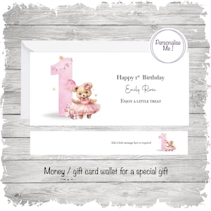 Niedliche erste Geburtstag Geldbrieftasche, Geldbrieftasche für kleines Mädchen, erste Geburtstagsgeschenk, rosa Bär mit einer Altersgeschenkmappe, Geschenkkartenhalter