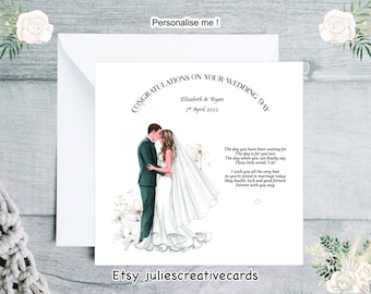 Personalised wedding card with verse, card for happy couple on their wedding day, verse wording can be made to suit, names and date on front