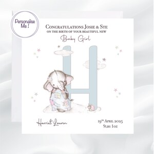 Personalisierte neue Baby Mädchen Karte, neue Tochter Karte, süße Patchwork Elefant Karte für Großeltern, personalisierte Karte mit Baby Zahlen