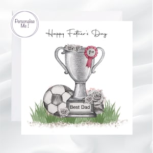 Personalisierte Vatertagskarte für einen Fußballfan, Trophäe mit Fußball, Rosettenfarben verfügbar, Karte für Footie Papa, Fußball Papa
