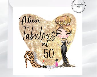 Personalized Glamour Birthday Card, Blonde Lady, Leopard Print