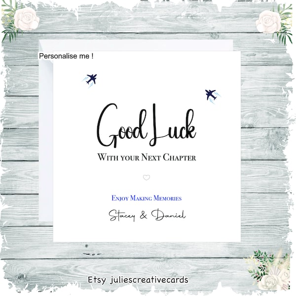 Personalised good luck in your next chapter card, card to wish good luck when venturing on an aeroplane, emigrating, congratulations card