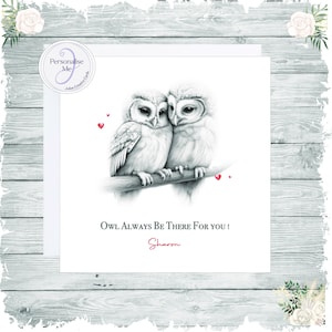 Carte personnalisée « Hibou toujours là pour vous » pour toutes les occasions, adorables hiboux avec des cœurs rouges et des mots modifiables au recto de la carte